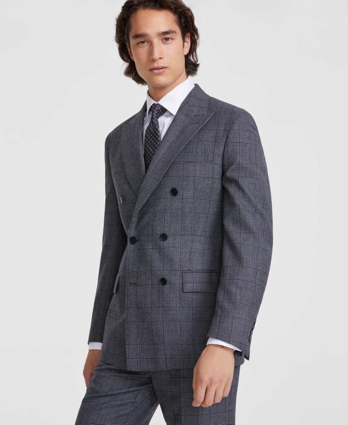 Calvin Klein Men s Slim Fit Gray Plaid Wool Blend Double Breasted Suit Separate Jacket Grey Plaid Smart Closet