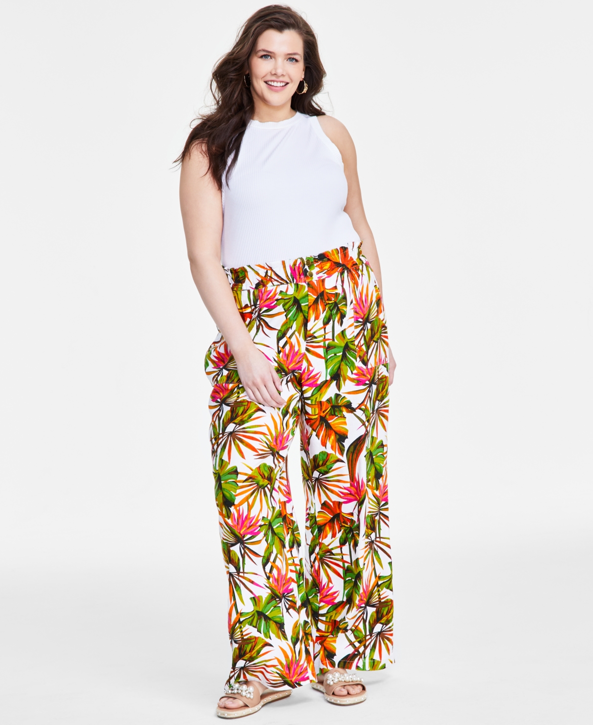 Plus Size Printed Wide-Leg Pants, Created for Macy's - Tropical Garden