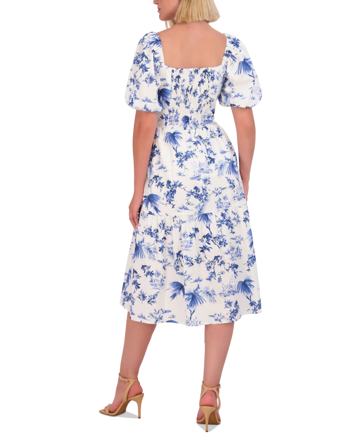 Shop Vince Camuto Women's Floral Puff-sleeve Midi Dress In Blue