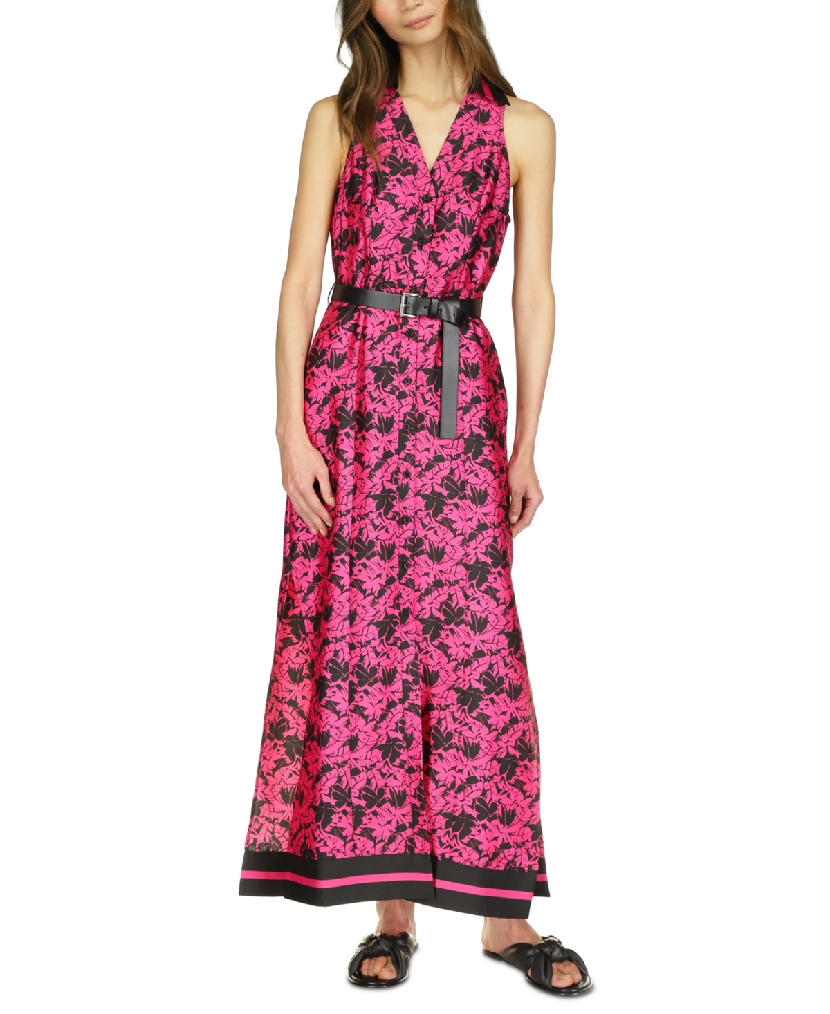 Shop Michael Kors Michael  Women's Belted Floral-print Maxi Dress In Cerise