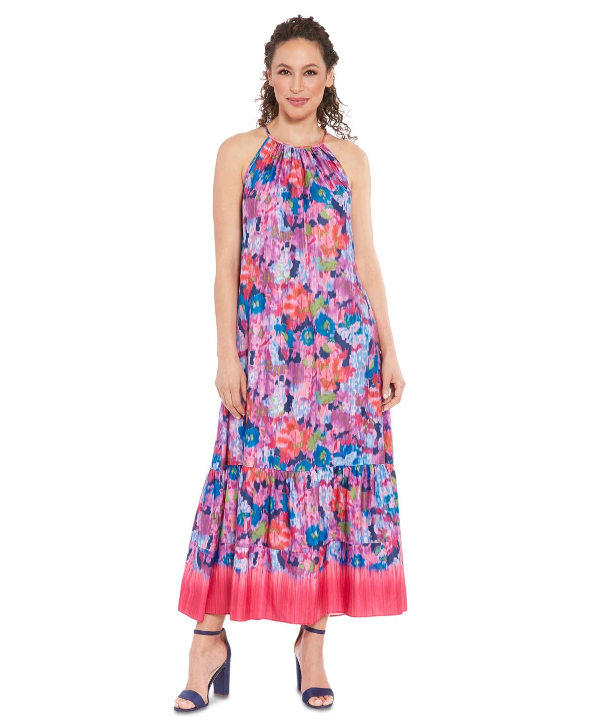 Petite Printed Halter-Neck Maxi Dress - Pink Blue