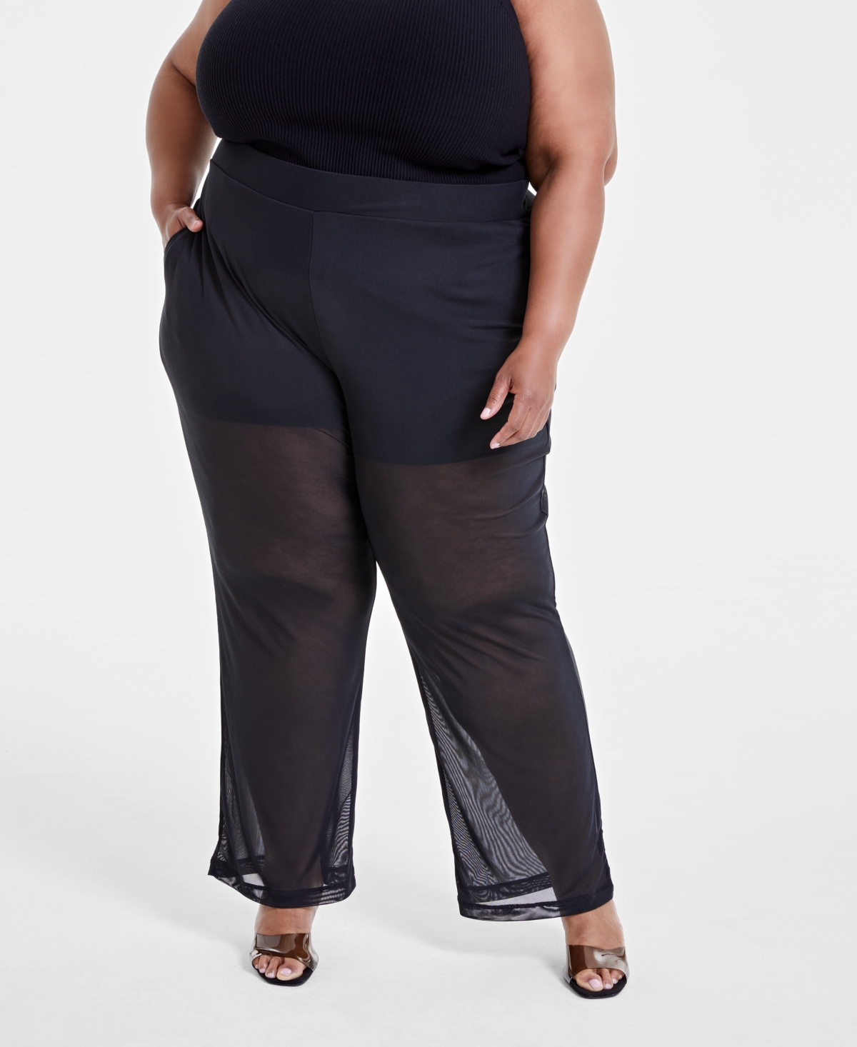 Trendy Plus Size Printed Mesh Pants, Created for Macy's - Blk Beauty