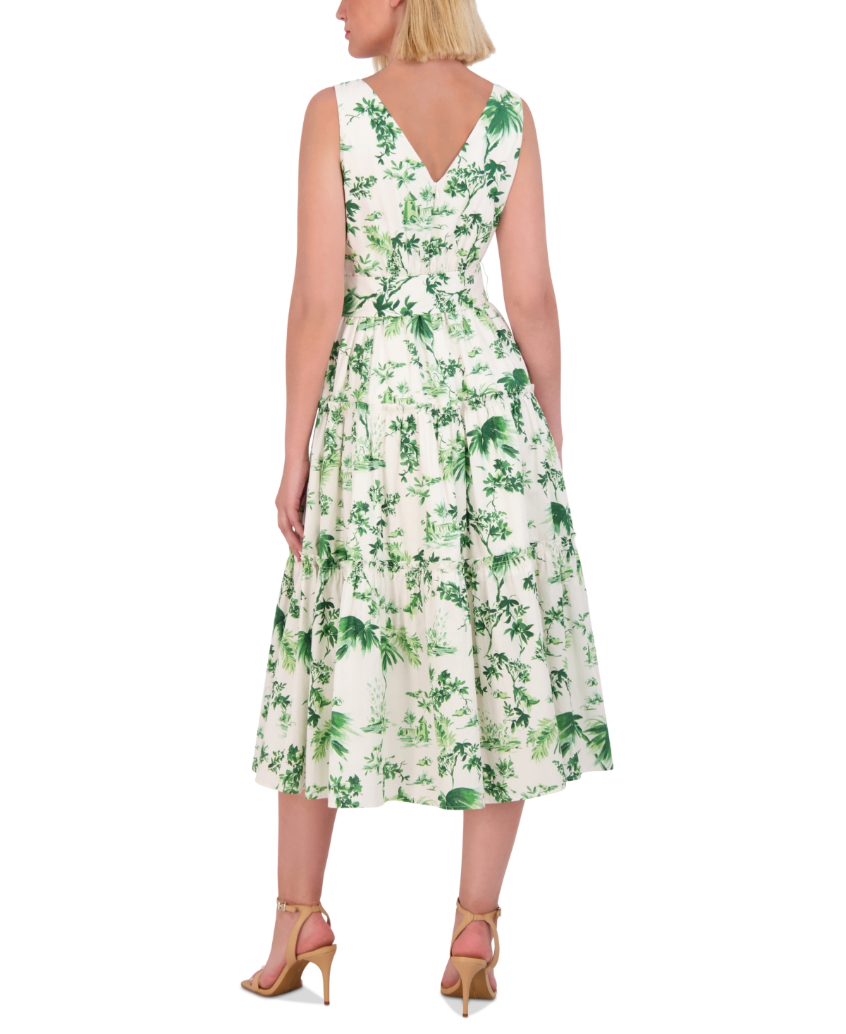 Shop Vince Camuto Petite Printed V-neck Belted Cotton Midi Dress In Green