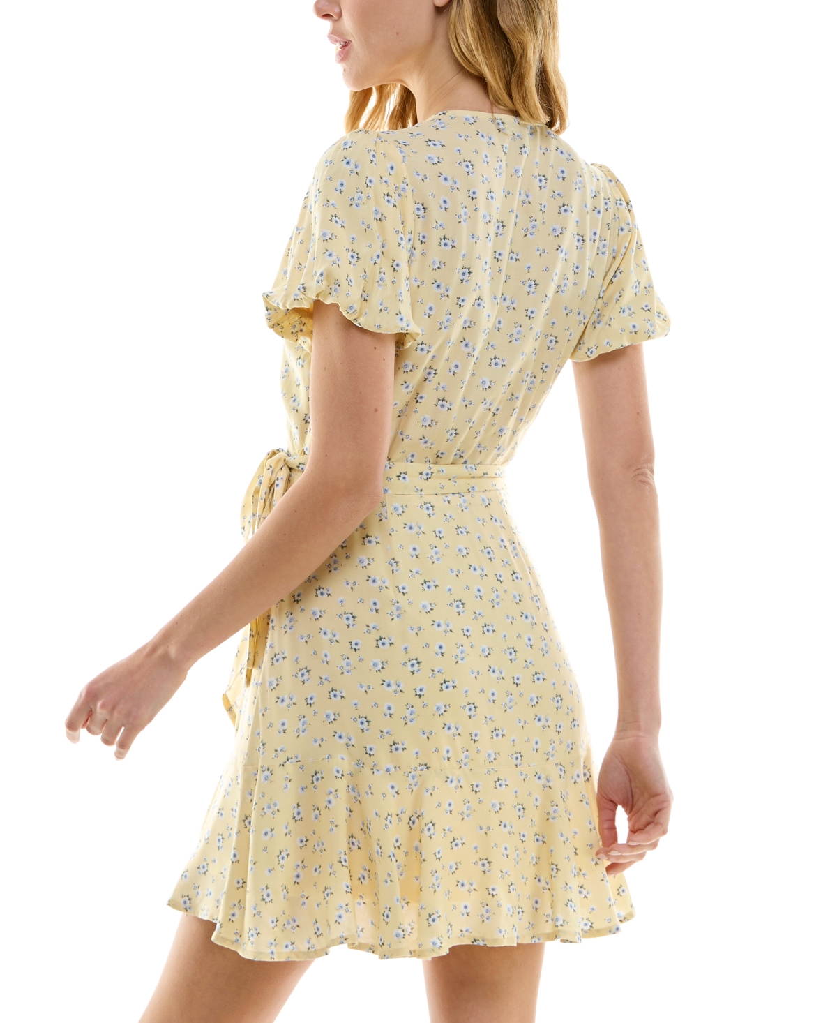 Shop Trixxi Juniors' Floral Print Puff-sleeve Ruffled Wrap Dress In Yellowflor