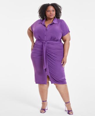 Nina Parker - Trendy Plus Size Tie-Front Ruched Shirtdress