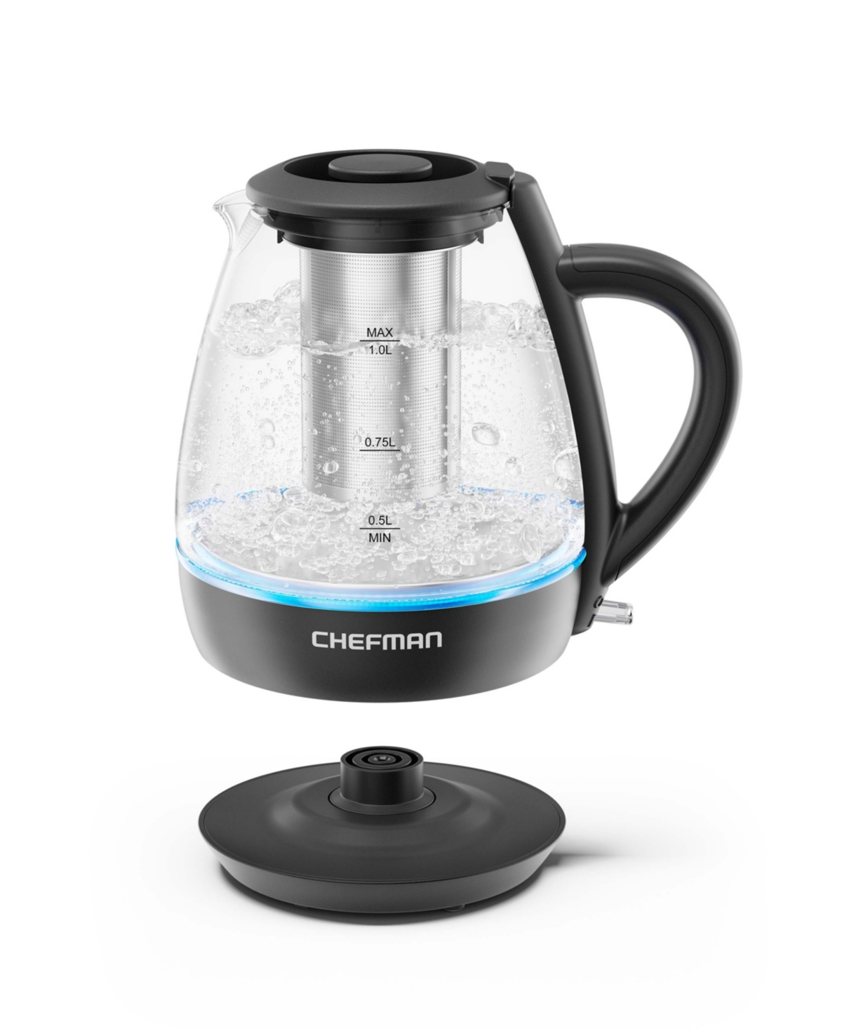 CHEFMAN 1L ELECTRIC GLASS KETTLE WITH TEA INFUSER, LED INDICATOR LIGHT, AUTOMATIC SHUTOFF 
