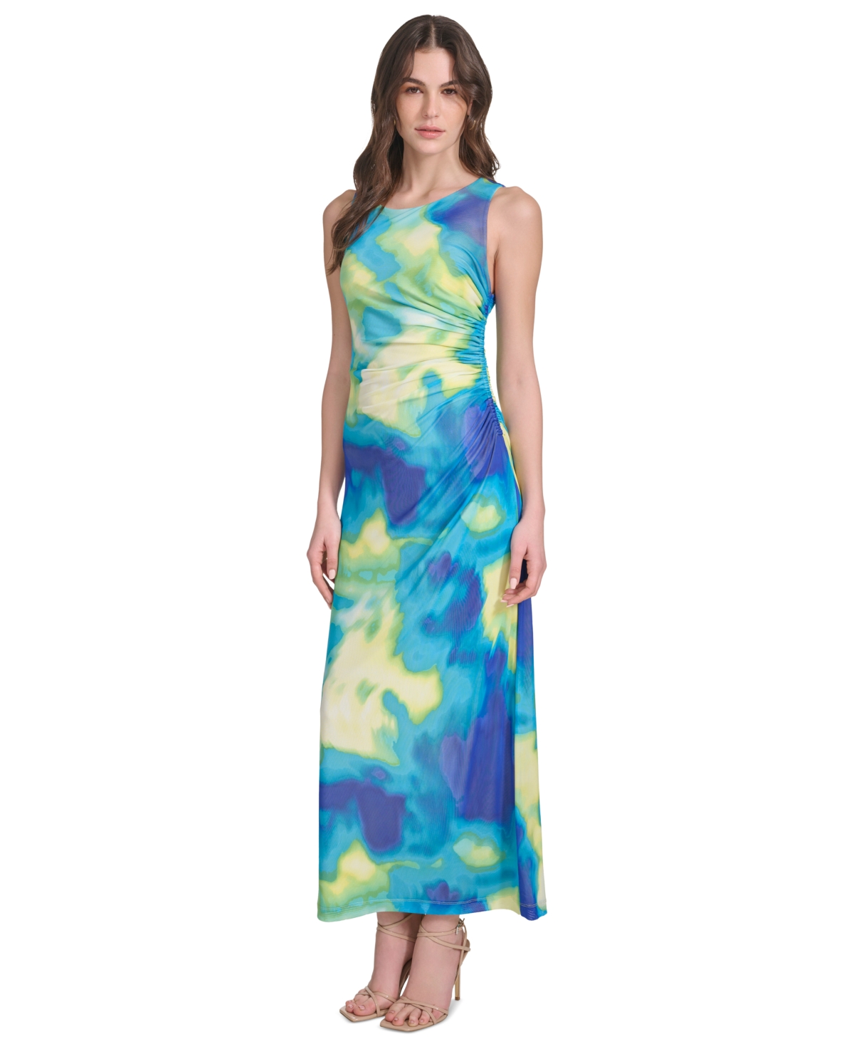 Shop Calvin Klein Women's Printed Ruched Maxi Dress In Dz Blu Mlt
