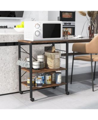 3-Tier Kitchen Baker&#39;s Rack with Microwave Shelf, Storage Hooks, and Utility Cart
