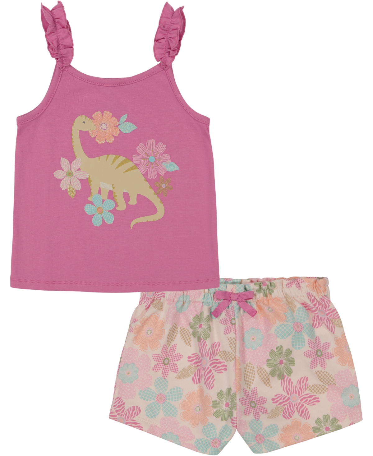 Shop Kids Headquarters Little Girls Dinosaur Tank Top & Floral French Terry Shorts, 2 Piece Set In Assorted