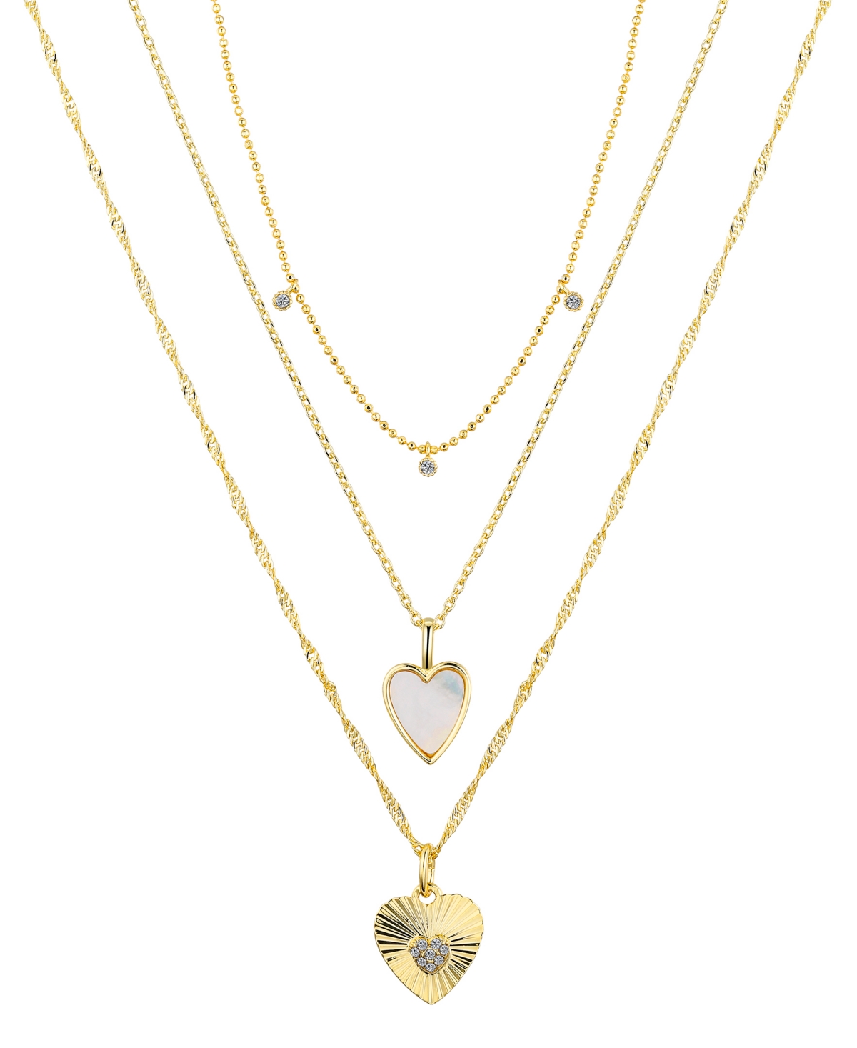 Shop Unwritten Cubic Zirconia Mother Of Pearl Heart Layered 3-piece Necklace Set In Yellow