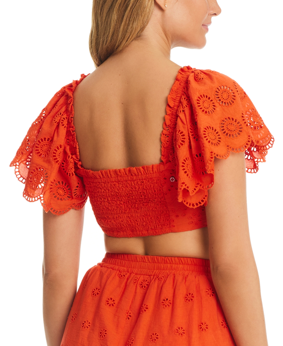 Shop Red Carter Women's Flutter-sleeve Cotton Crop Top In Scorching