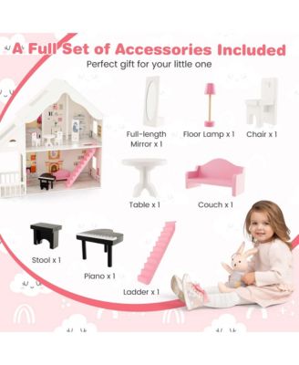 Kids Wooden Dollhouse Semi-Opened DIY Playset with Simulated Rooms & Furniture