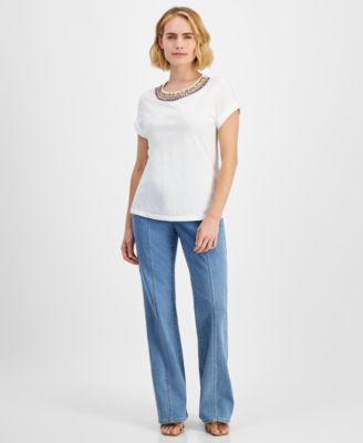 Shop Inc International Concepts Petite Rhinestone Embellished Top Flare Leg Jeans Created For Macys In Light Indigo