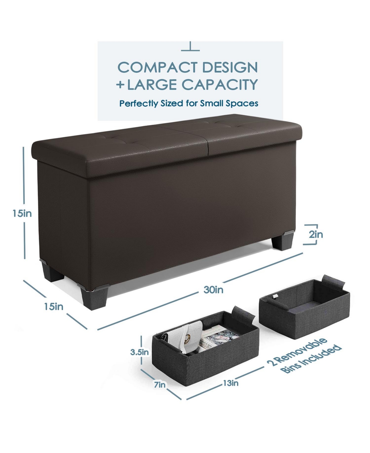 Nestl 30 Inch Ottoman Storage Bench with Storage Bins - Leatherette or Fabric Finish