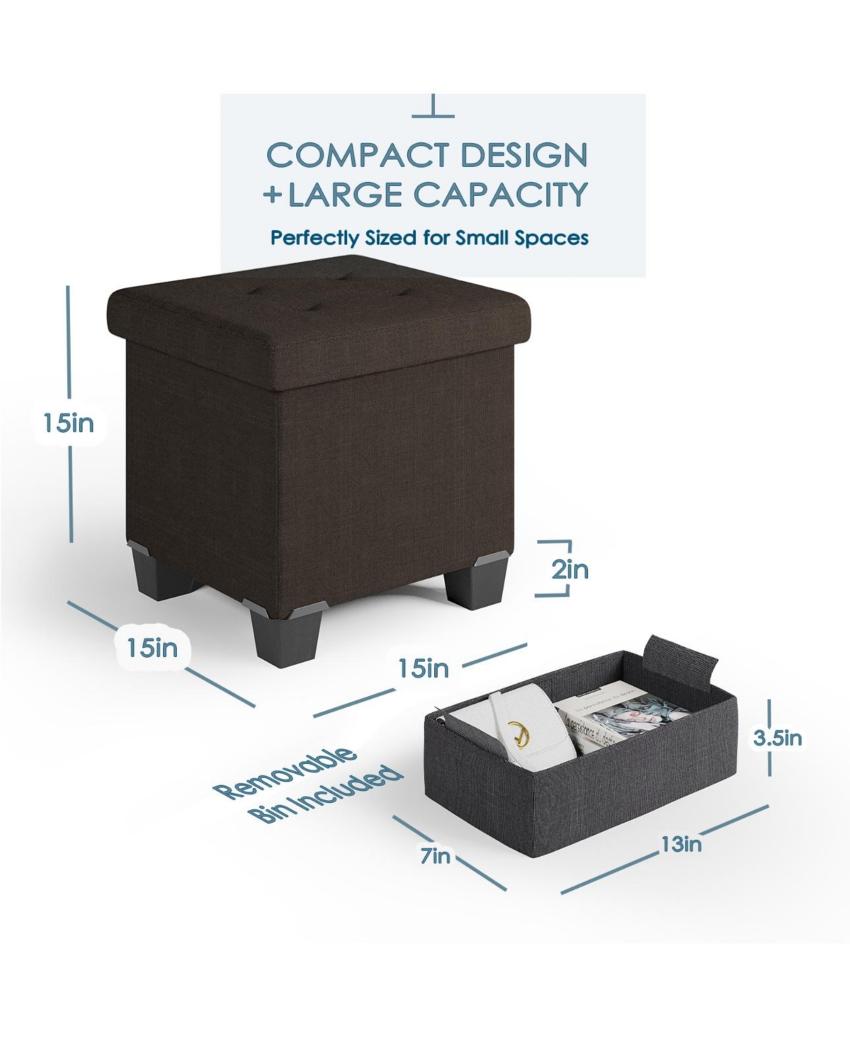 Nestl 15 Inch Ottoman Storage Bench with Storage Bins - Leatherette or Linen Finish