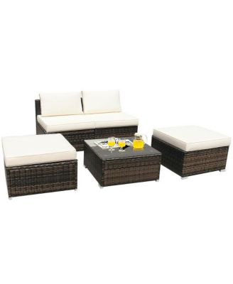 4 Pieces Patio Rattan Furniture Set with Tempered Glass Coffee Table