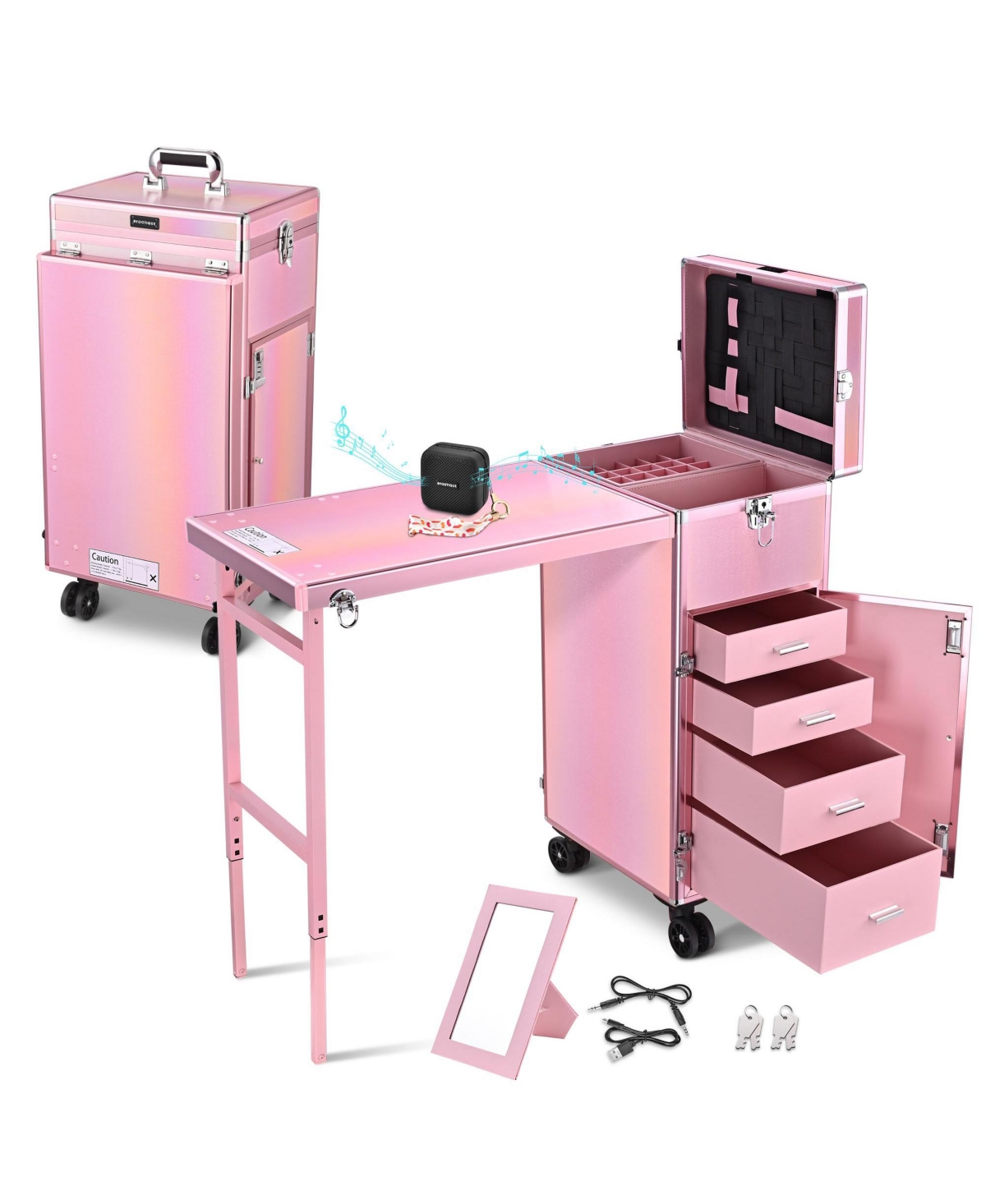 Nail Desk Mobile Station Rolling Makeup Manicure Table Unicorn Pink - Pink