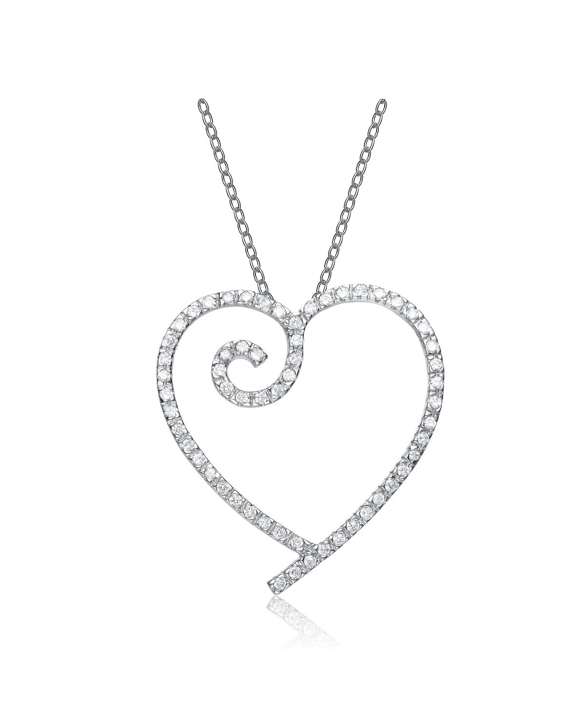 Sterling Silver White Gold Plated Cubic Zirconia Heart With Swirl Pendant - White