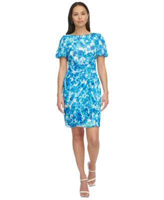 DKNY - Petite Printed Bubble-Sleeve Draped Sheath Dress