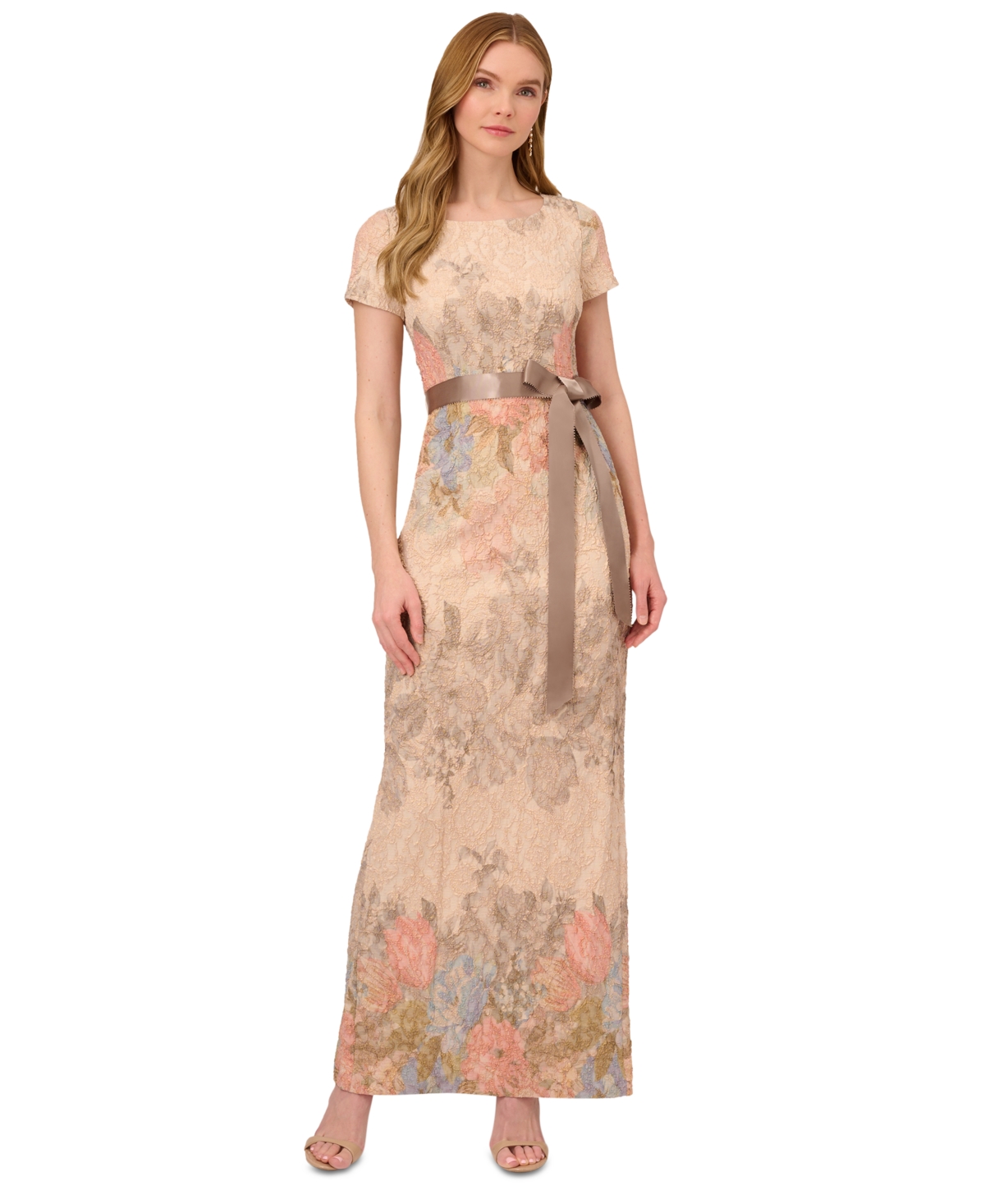 Women's Floral-Print Short Sleeve Column Gown - Blush Floral