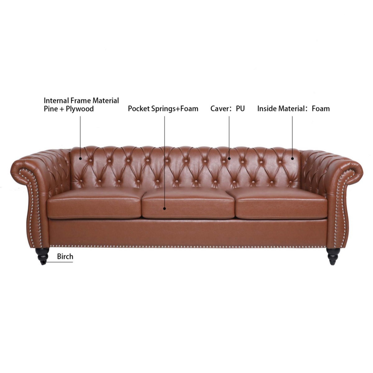 Simplie Fun 84.65" Brown Pu Rolled Arm Chesterfield Three Seater Sofa