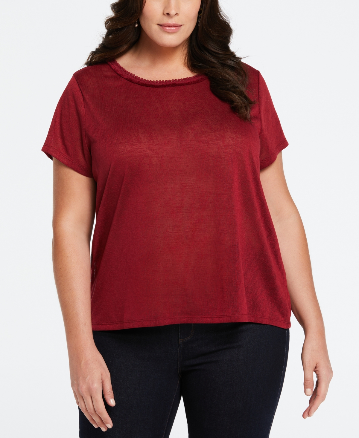 Plus Size Eco Fabric Short Sleeve Top with Decorative Trim - Sun Kissed Coral