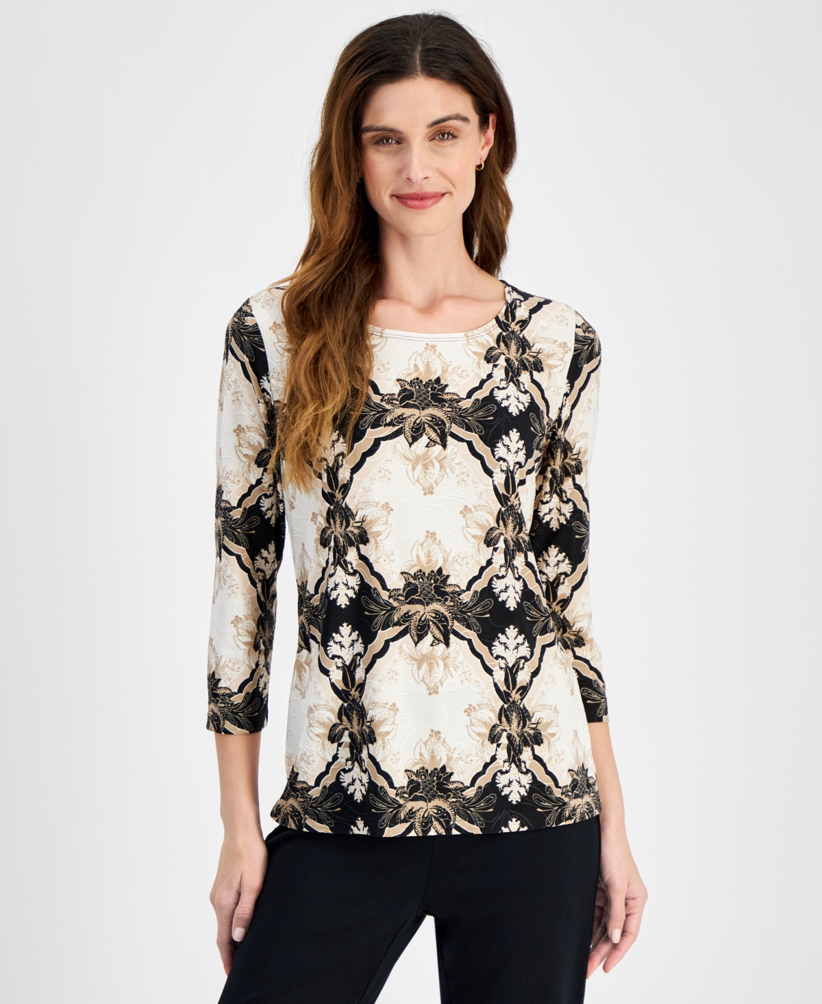 Shop Macy's Jm Collection Women's Printed Jacquard 3/4-sleeve Top, Created For  In Deep Black Combo