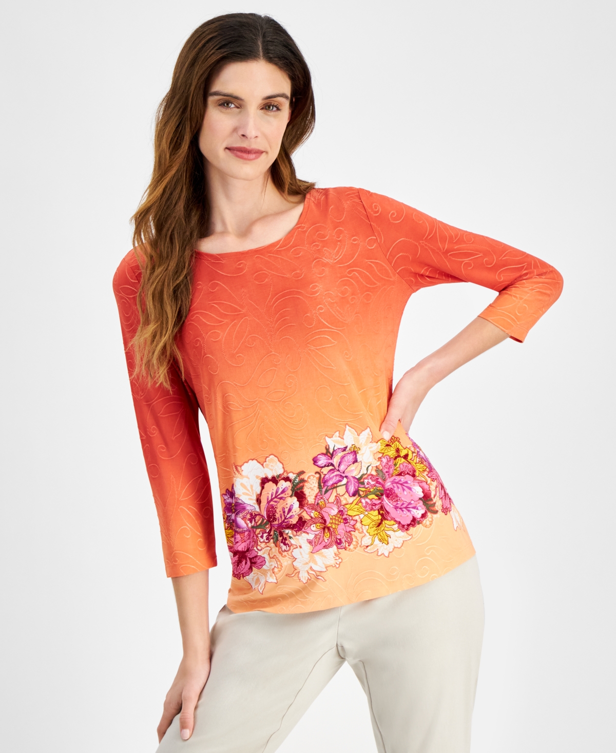 Women's Printed 3/4-Sleeve Top, Created for Macy's - Pumpkin Seed Combo