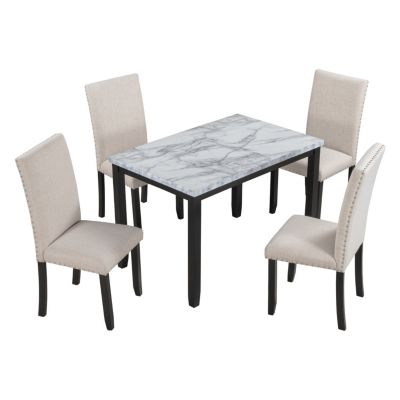 Marble 5-Piece Dining Set Table with 4 Thicken Cushion Dining Chairs