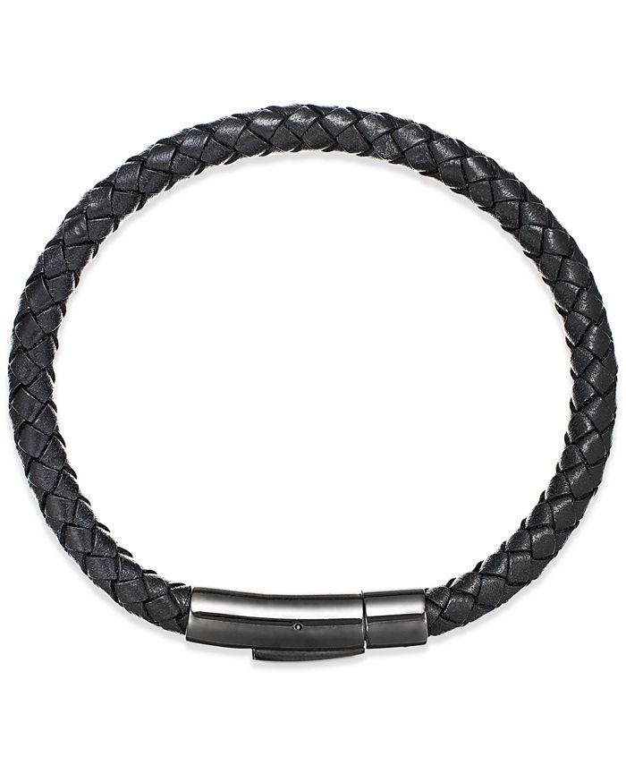 Macy's - Men's Woven Leather Bracelet in Stainless Steel