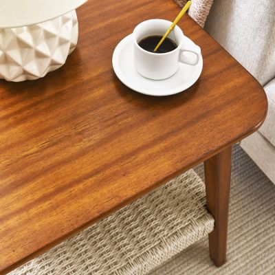 Boho Mid-Century Woven Side Table with Storage