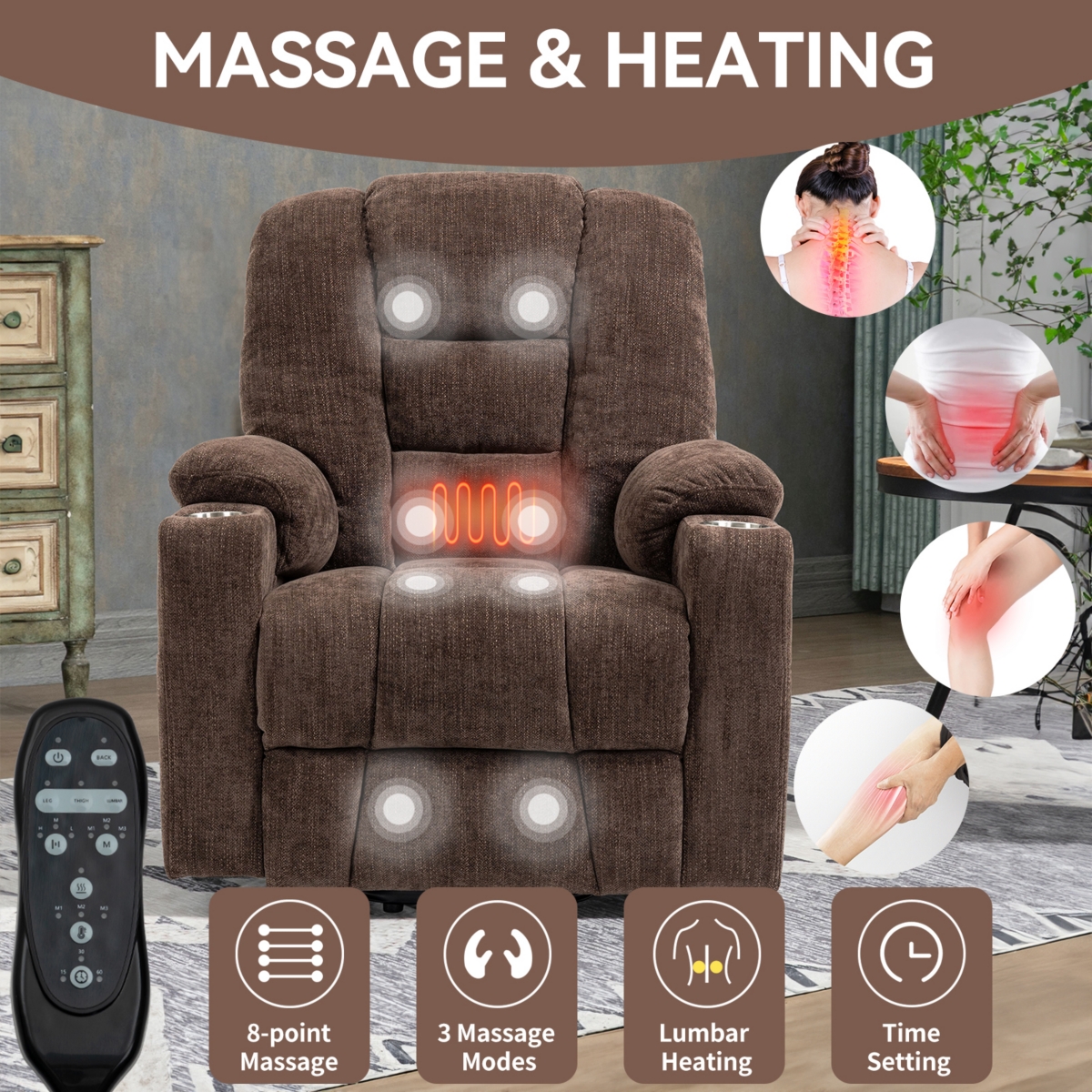 Streamdale Furniture Massage Recliner with Heat and Usb Ports for Elderly -- Brown