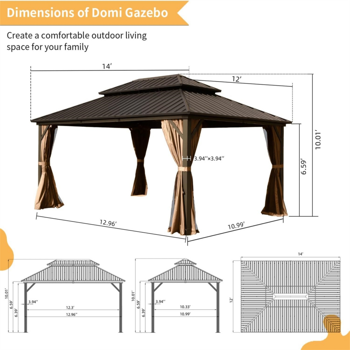 Streamdale Furniture X Hardtop Gazebo, Aluminum Metal Gazebo Withnized Steel Double Roof Canopy