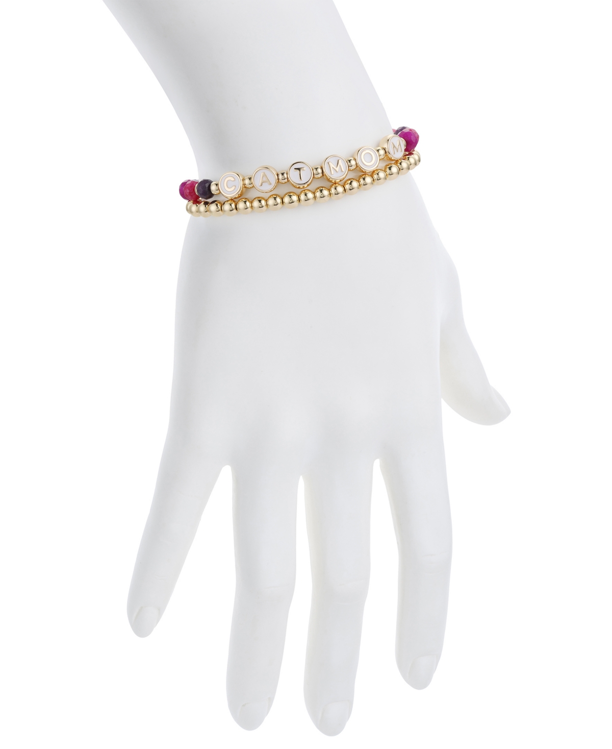 Unwritten Multi Purple Quartz Cat Mom Stone And Beaded Stretch Bracelet Set In Gold