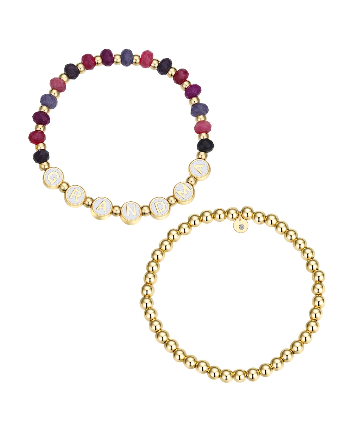 Multi Purple Quartz Grandma Stone and Beaded Stretch Bracelet Set - Gold