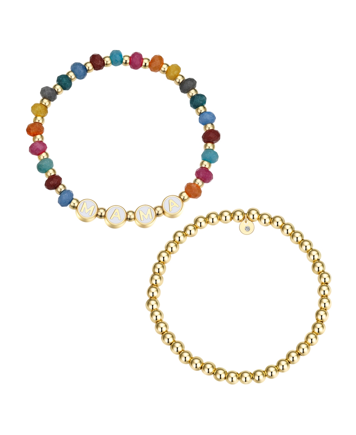 Multi Color Quartz Mama Stone and Beaded Stretch Bracelet Set - Gold