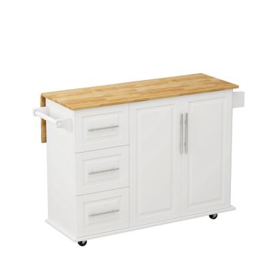 52" Solid Wood, E1 MDF Folding Desktop, 3 Drawers, Cabinet, Side Shelf, Locking Wheels Kitchen Island Cart