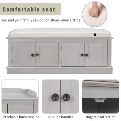 4-Door Storage Bench with Shelves and Cushion