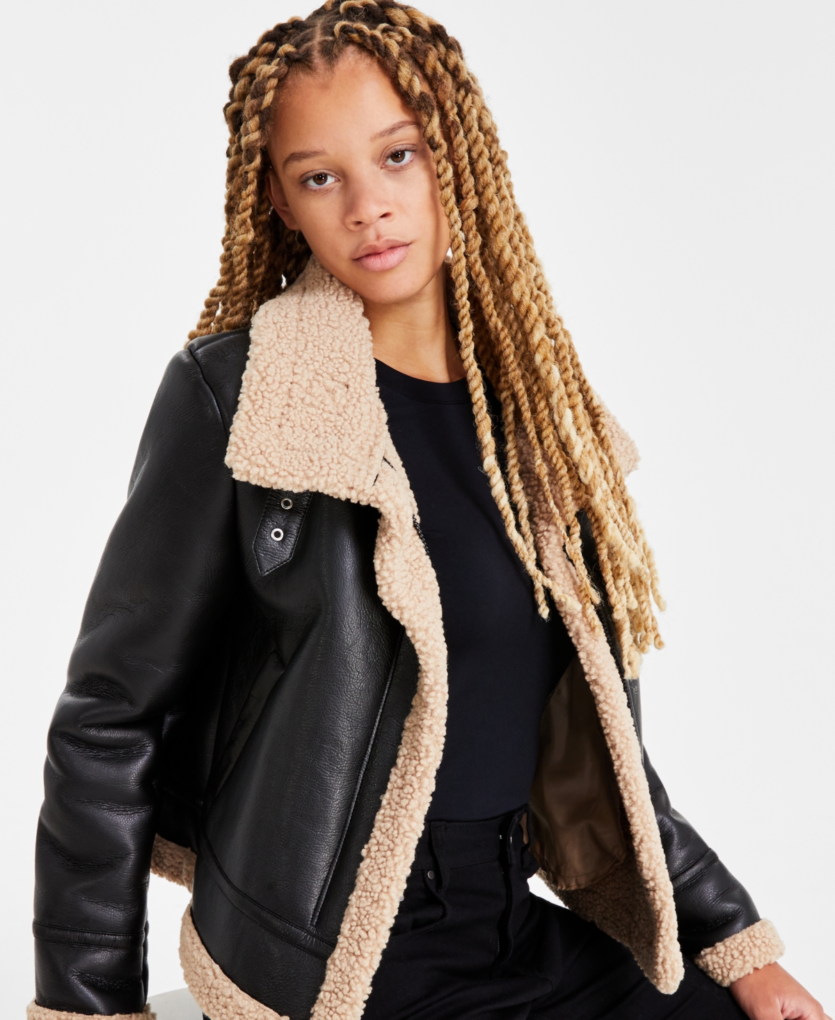 Maralyn Me Juniors Faux Shearling Moto Jacket Dark Brown Smart Closet