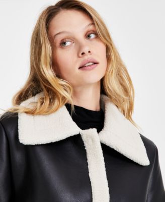 Juniors' Long Faux-Shearling-Trimmed Coat