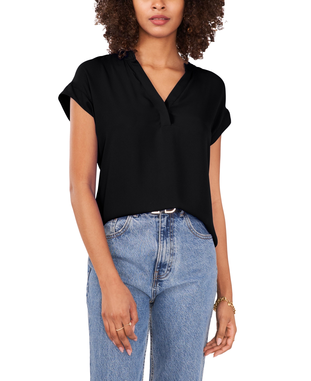 Women's Solid Split Neck Short Sleeve Blouse - Rich Black