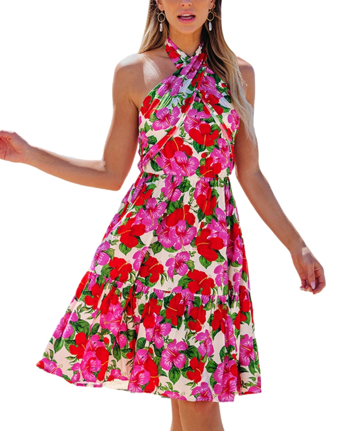 Women's Pink & Red Floral Crossover Halterneck Mini Beach Dress - Pink