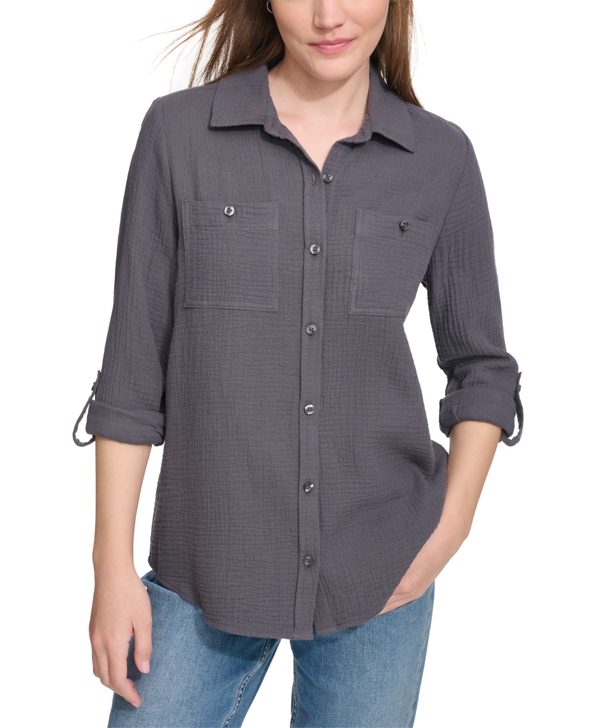 Shop Calvin Klein Jeans Est.1978 Petite Cotton Button-front Roll-sleeve Shirt In Forged Iron