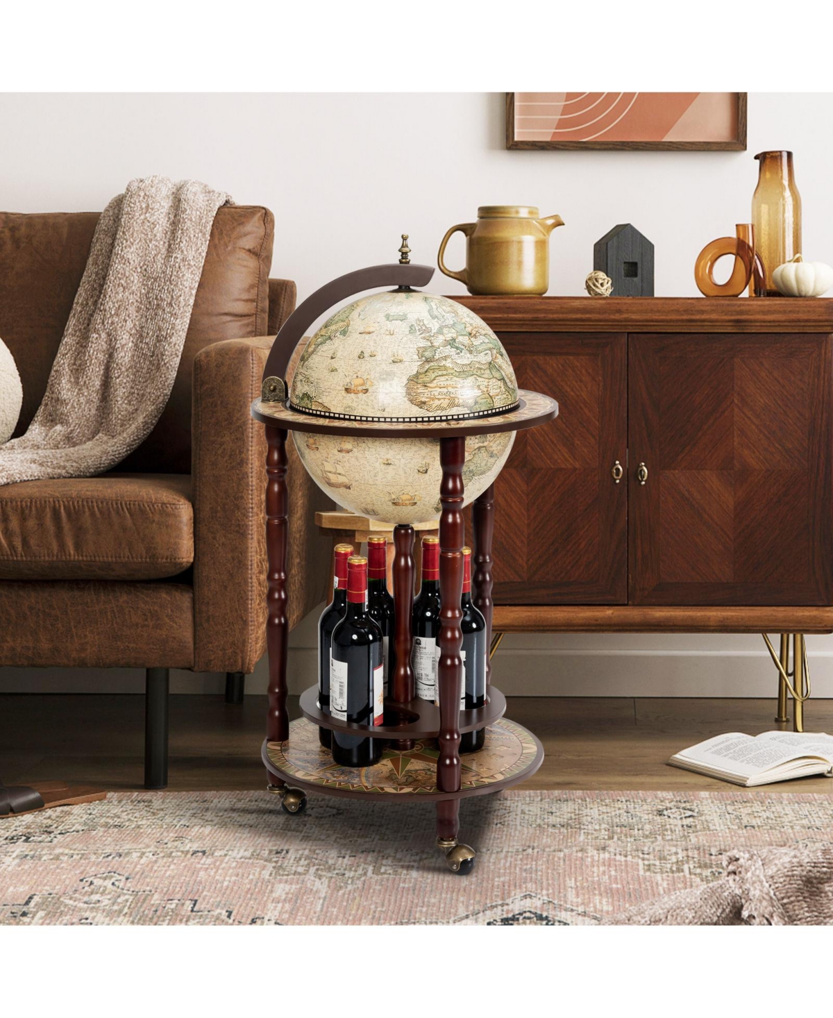 Slickblue Italian Style Design Wooden Globe Liquor Bottle Wine Rack with Wheels