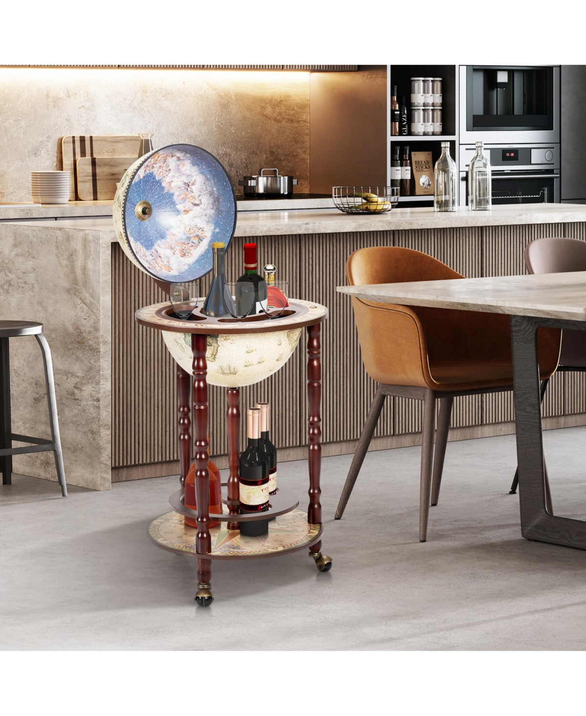 Slickblue Italian Style Design Wooden Globe Liquor Bottle Wine Rack with Wheels