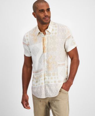 GUESS Men's Short Sleeve Button-Front Patchwork Print Shirt - Macy's