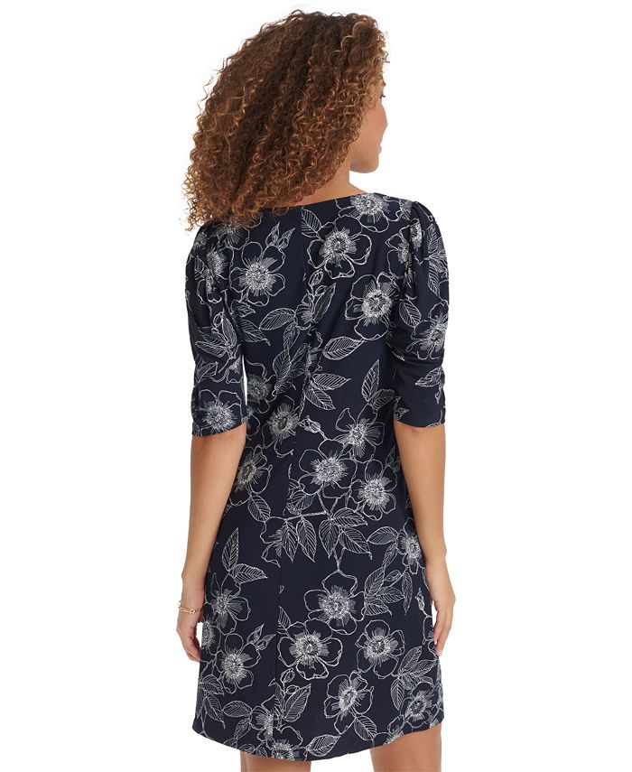 Tommy Hilfiger Women's Ruched  Keyhole Paisley Long Sleeve Mock Above The Knee Sheath Party Dress Black Size 2