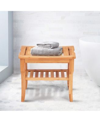 Bathroom Bamboo Shower Chair Bench with Storage Shelf