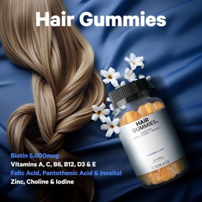 Hair Gummies, Biotin 5000 mcg, Sugar Free Growth Gummy Vitamins A, C, B6, B12, D3, Zinc, Inositol Supplement, Women & Men, Pantothenic Folic Acid, Nails, Skin, Strawberry Coconut Flavor, 60 ct