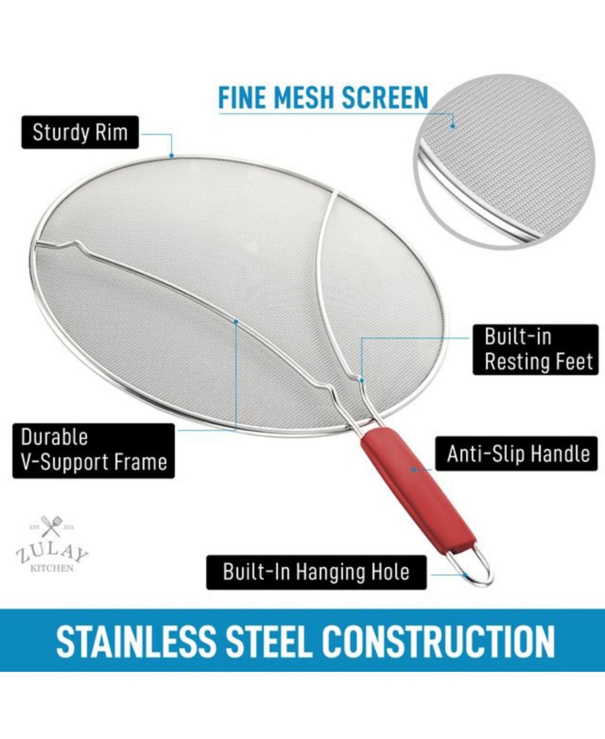 Zulay Kitchen Splatter Screen for Frying Pan (13”) - Grease Splatter Guard for Frying Pan